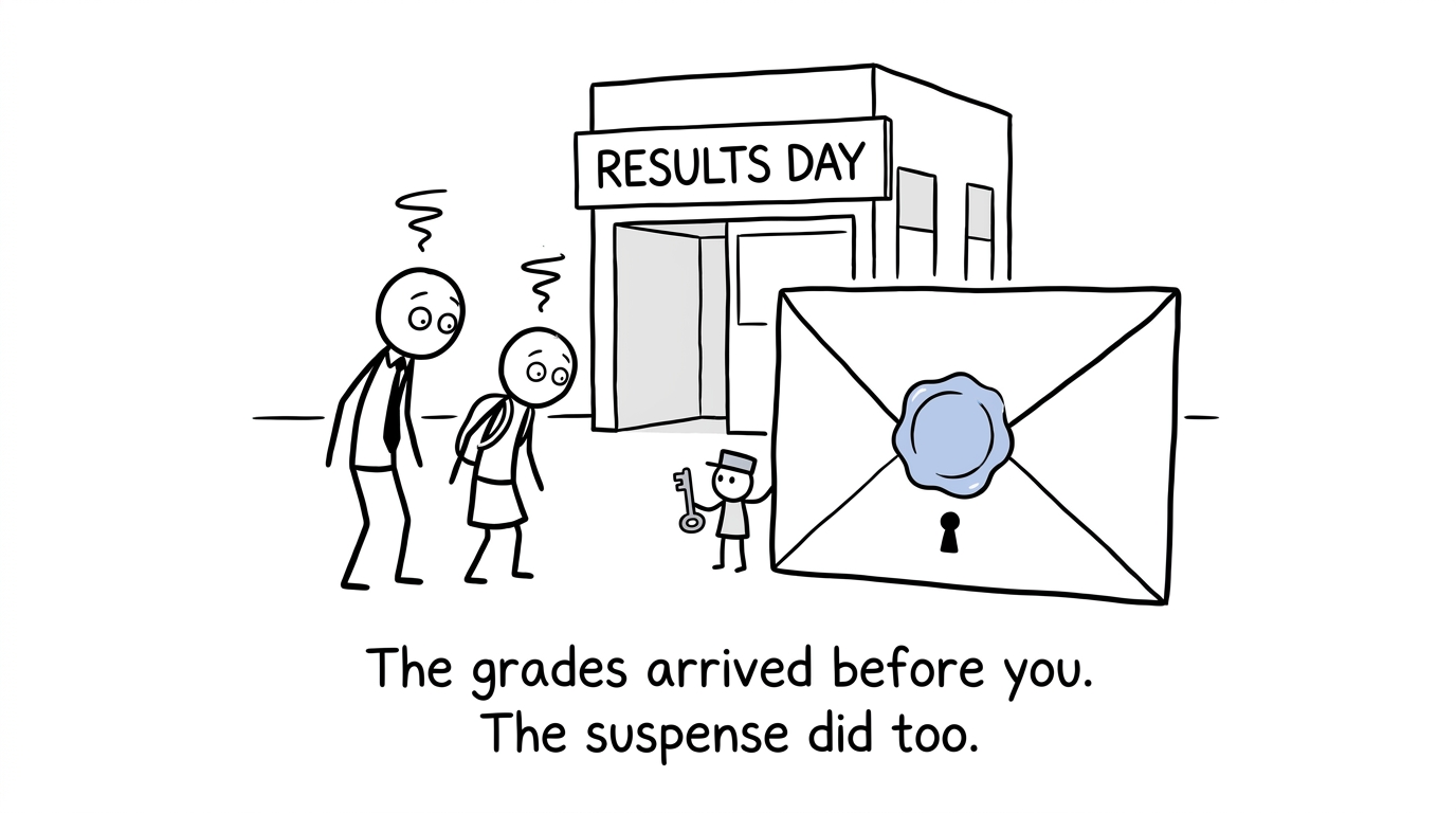 A parent and student waiting outside school while an exams officer guards the results