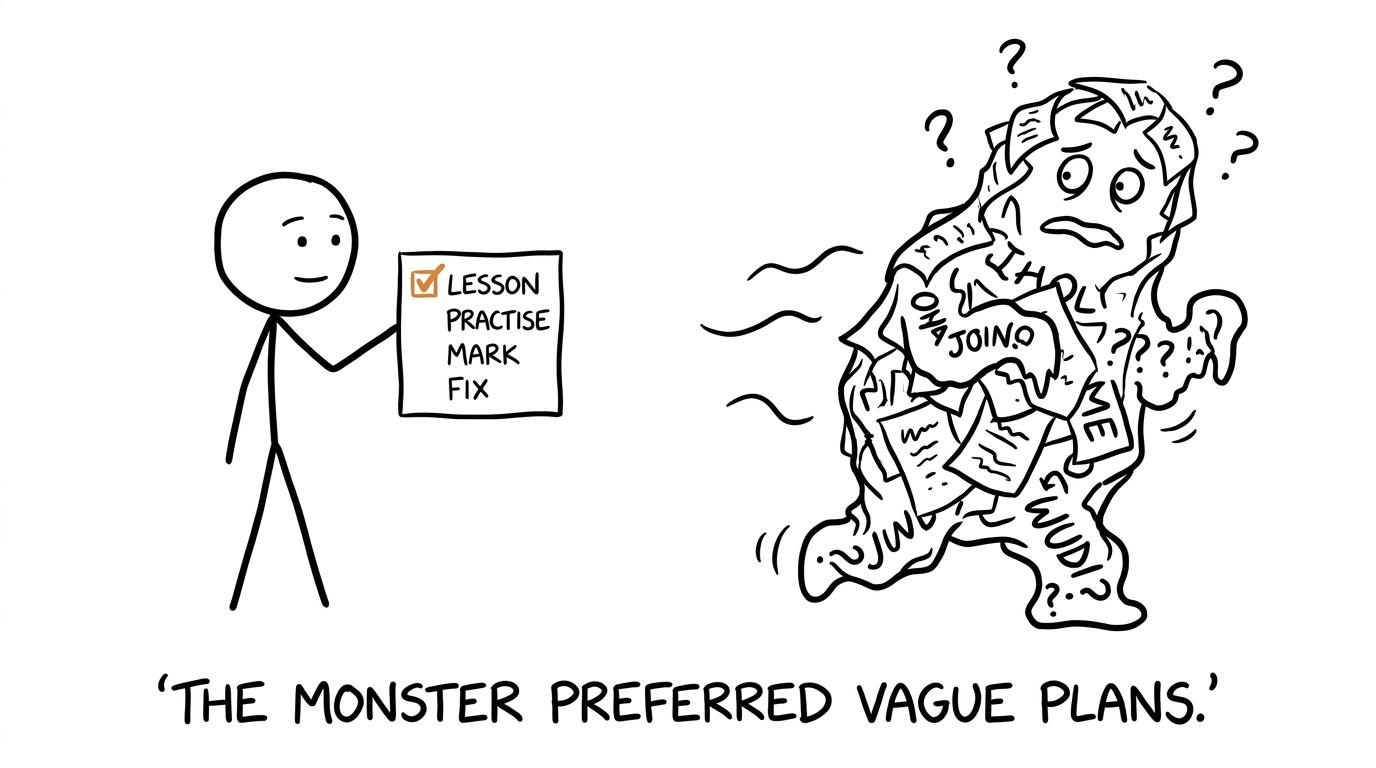 A revision checklist defeating a monster made from scattered notes