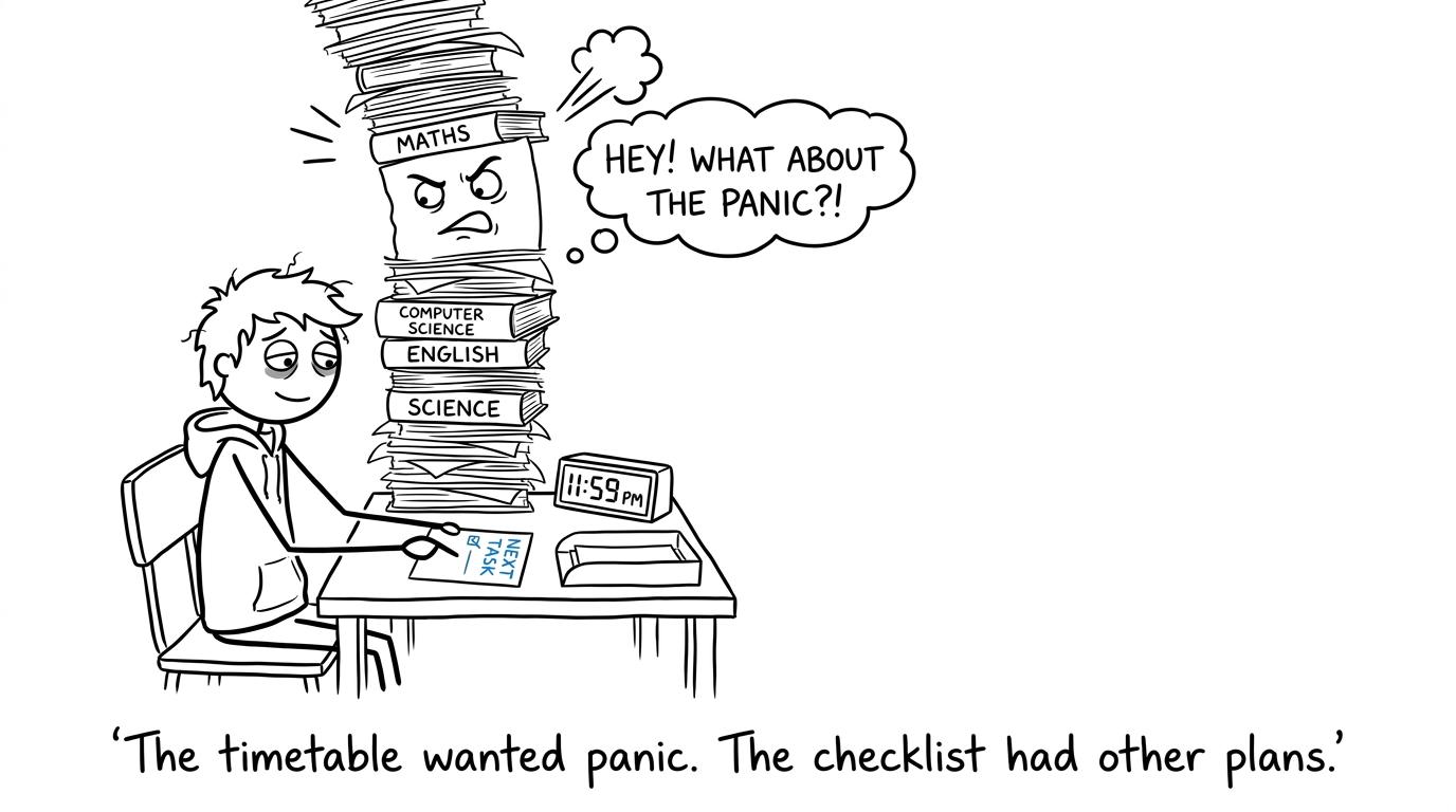 A calm checklist defeating a frightening stack of GCSE papers