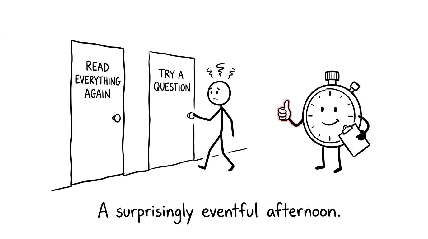 A student bravely chooses an exam question instead of rereading everything