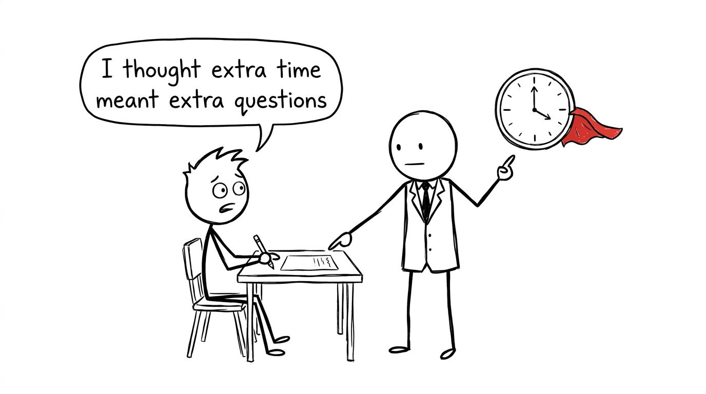 An invigilator explains that extra time does not come with extra exam questions