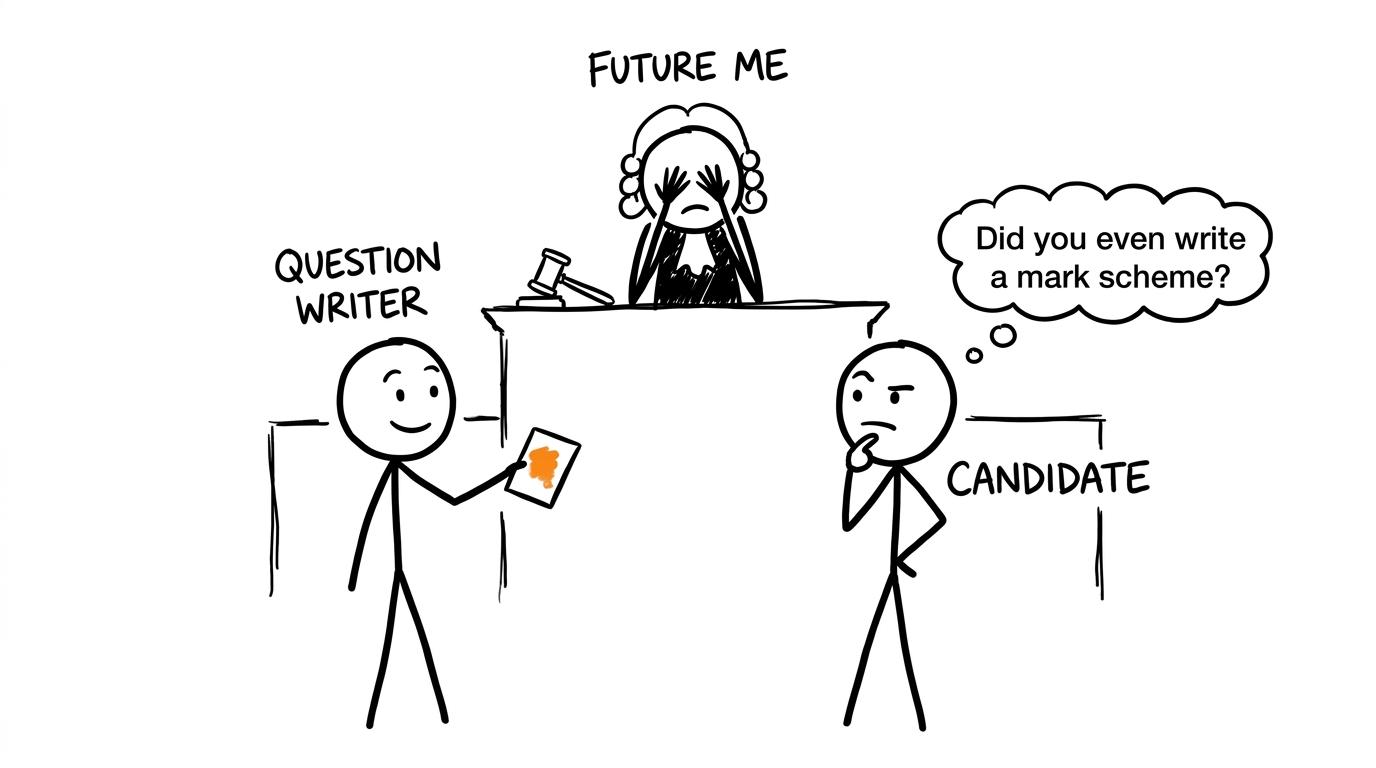 A candidate challenges the question writer to produce a mark scheme
