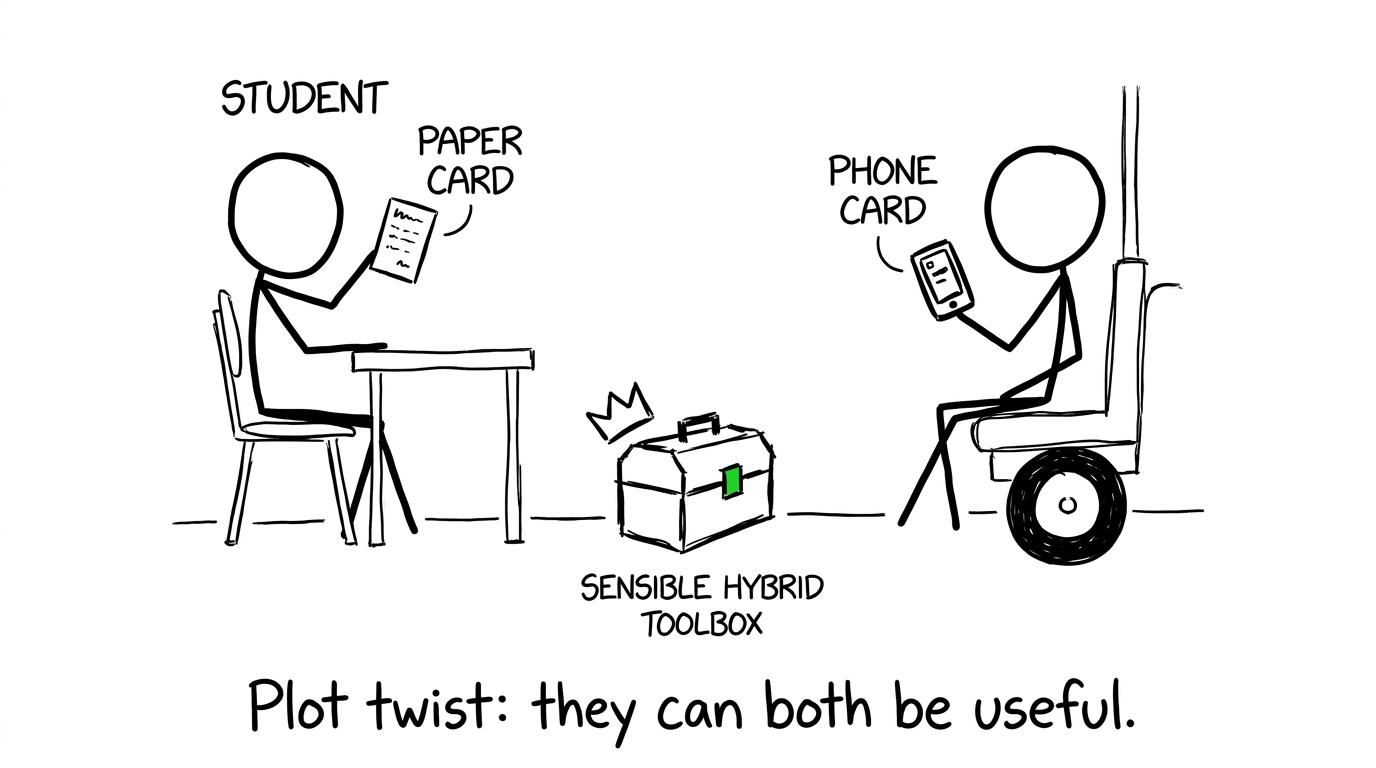 A paper card and phone card share a crowned hybrid revision toolbox