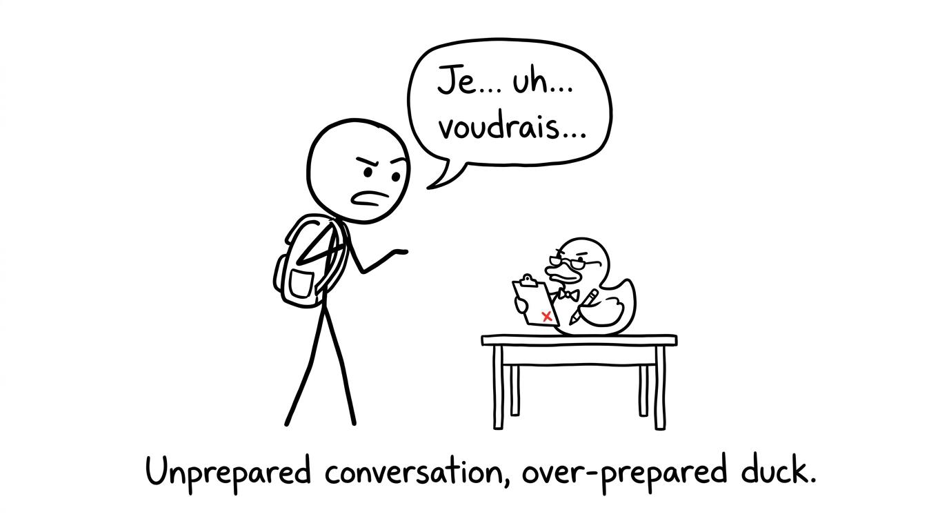 A GCSE student practising French speaking with an unusually official rubber duck examiner