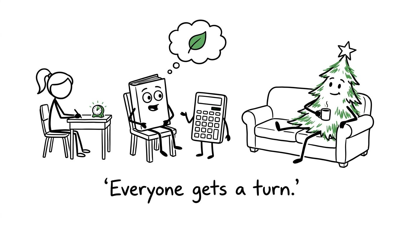 A novel and calculator politely take turns in the revision chair while the Christmas tree relaxes