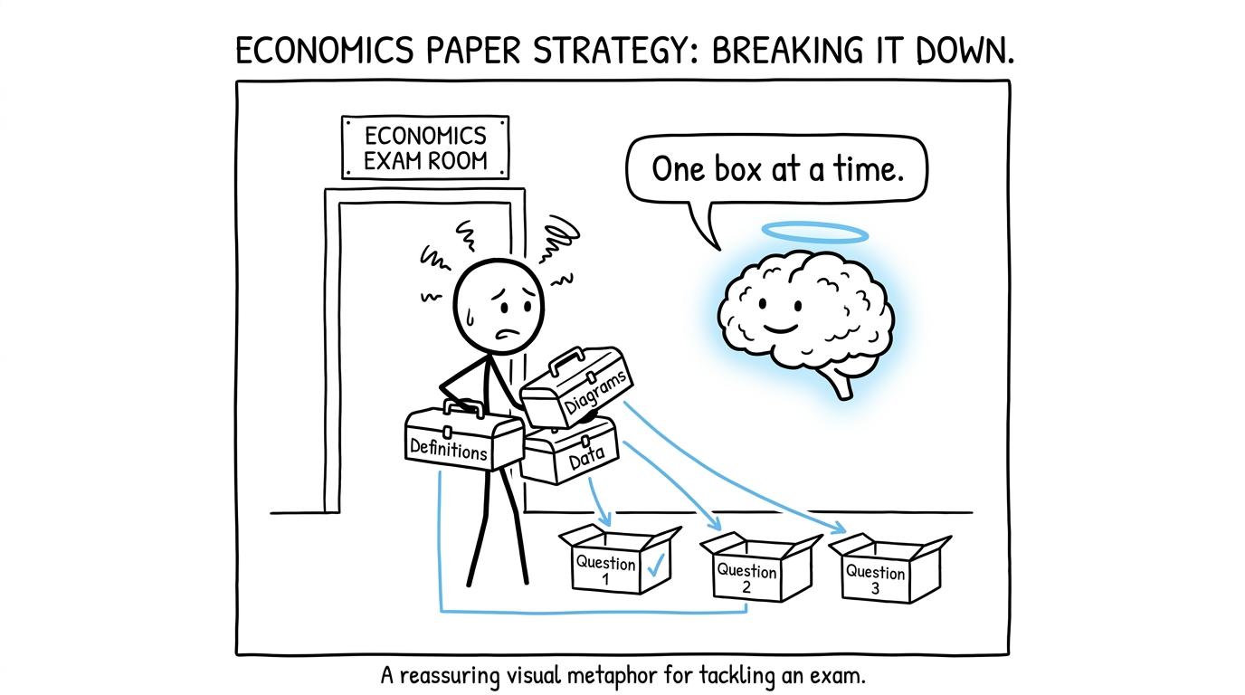 A nervous student carrying small Economics toolboxes into an exam