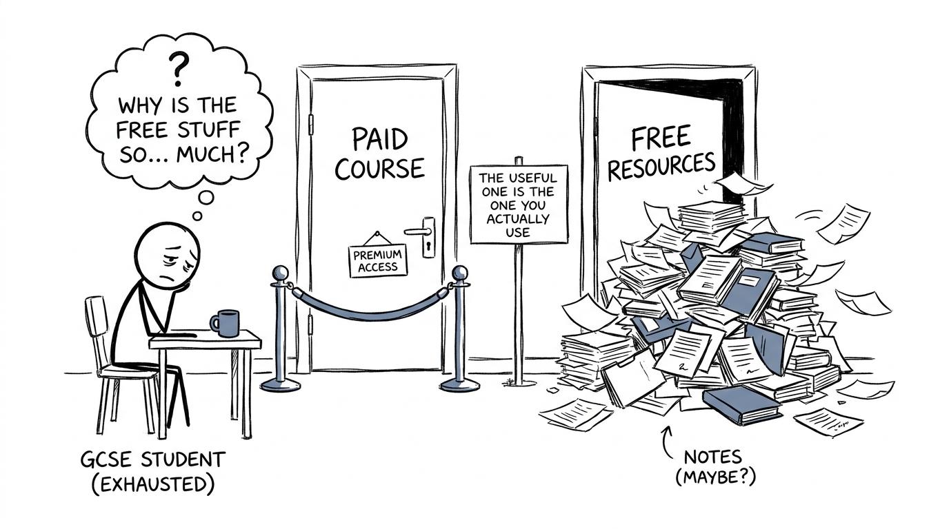 A student choosing between a paid course and free revision resources