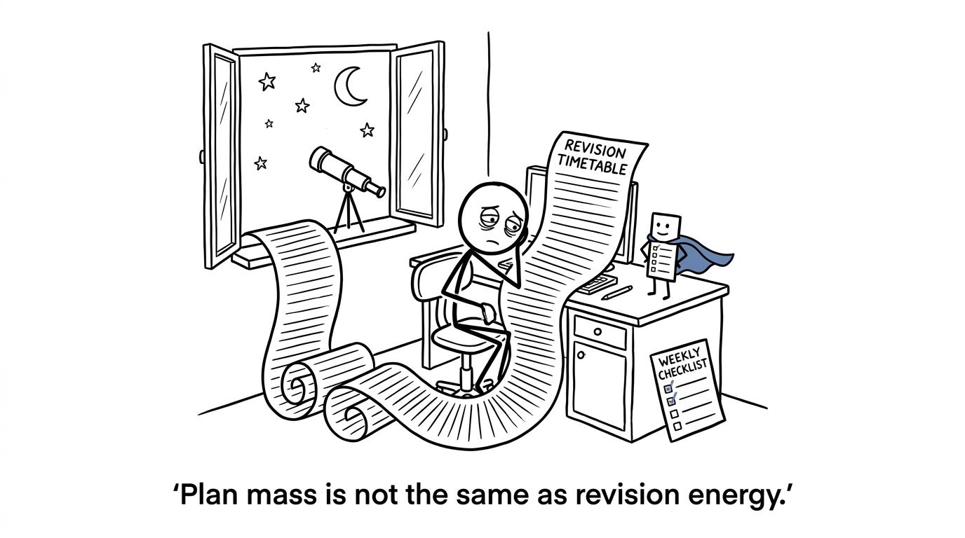 A huge revision timetable competes with a small sensible weekly checklist