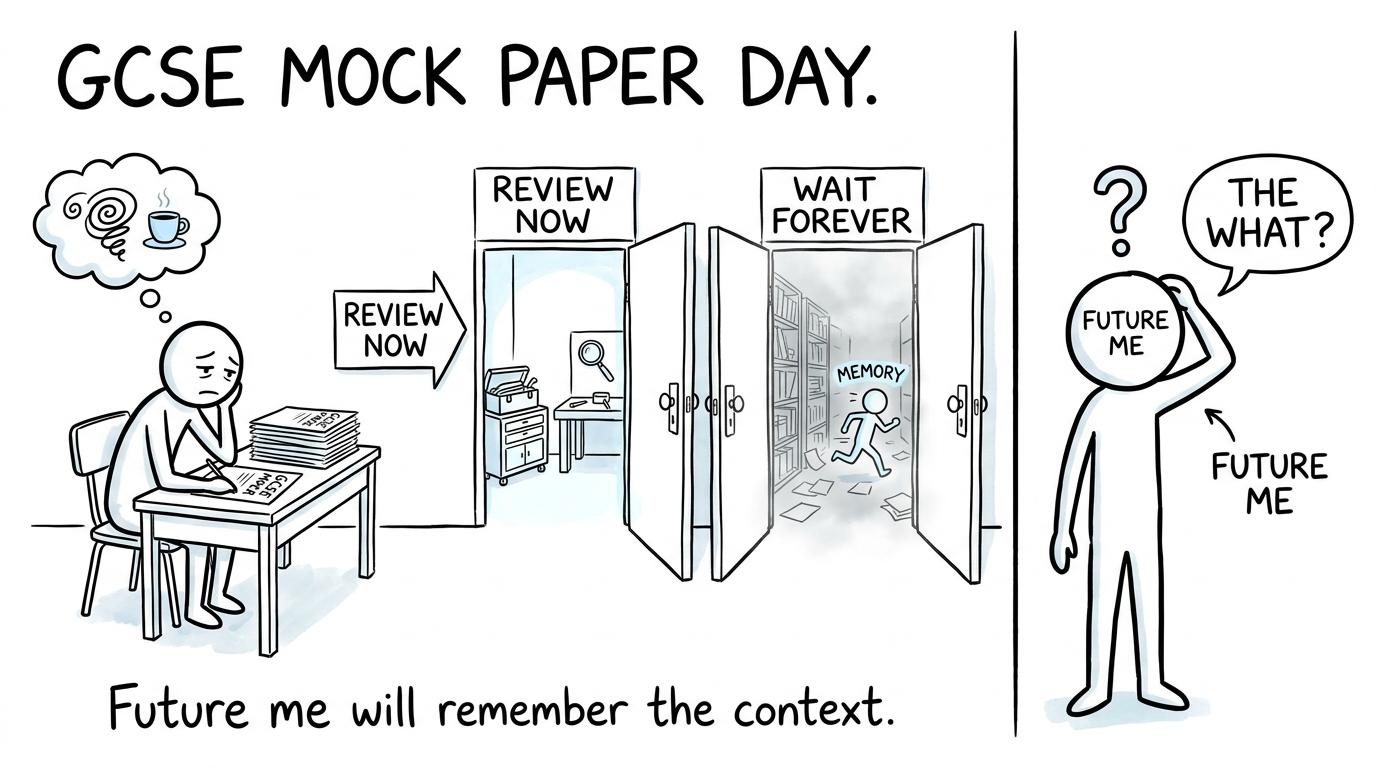 A student choosing between reviewing now and waiting forever