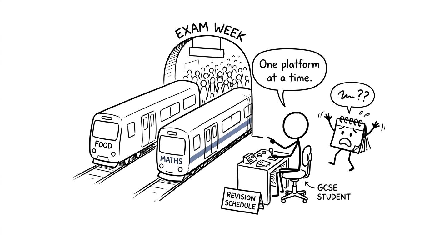 A student calmly directing Food and Maths trains through exam week