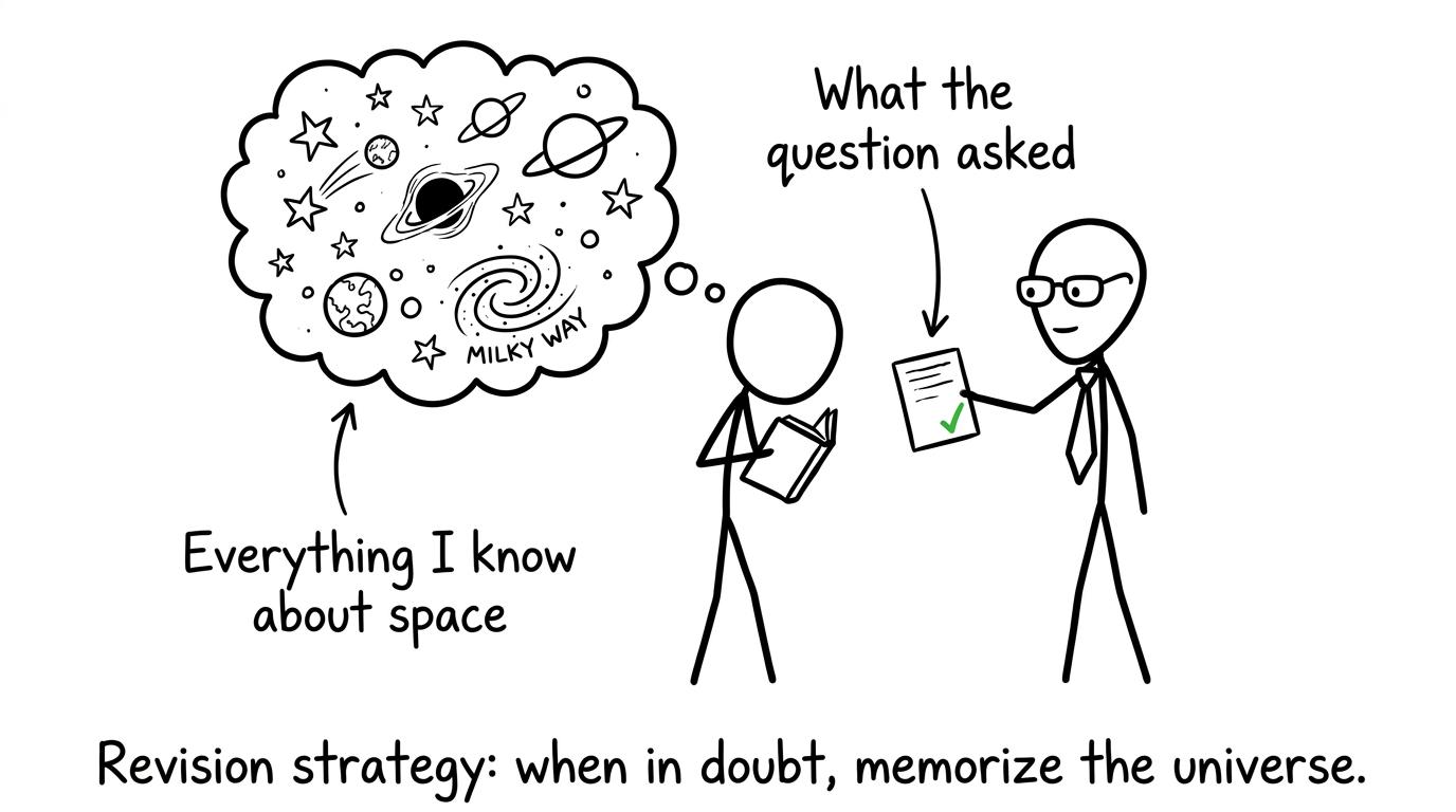 An examiner-shaped alien offers a mark scheme to a student memorising the entire galaxy