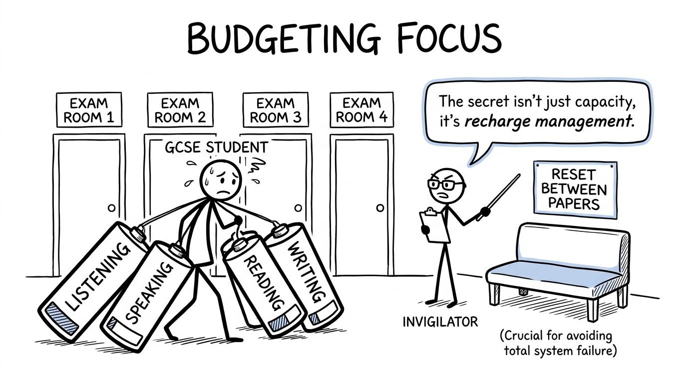 A student budgeting four batteries of focus across separate GCSE language papers