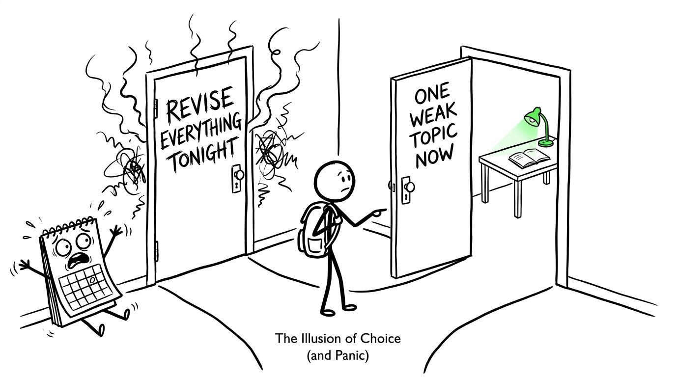 A student wisely chooses one weak topic instead of revising everything in one night