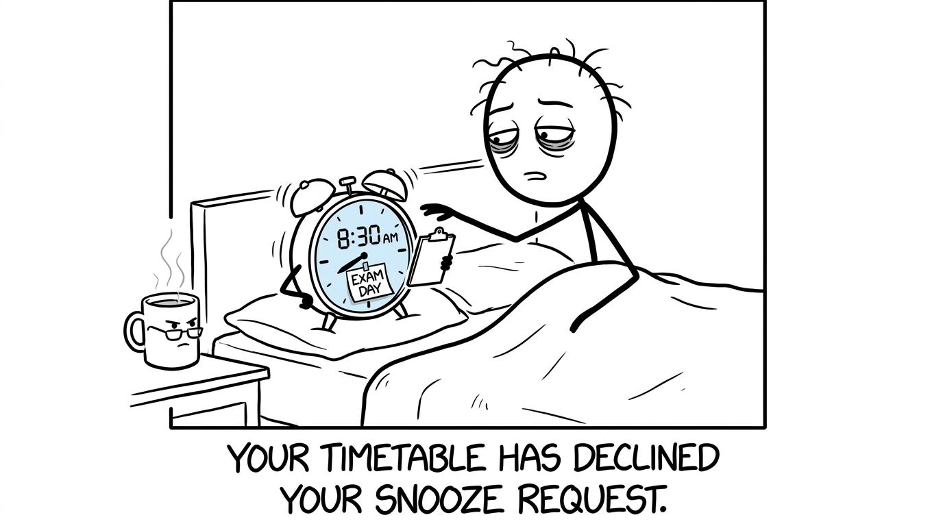 A sleepy student negotiates unsuccessfully with an exam-day alarm clock