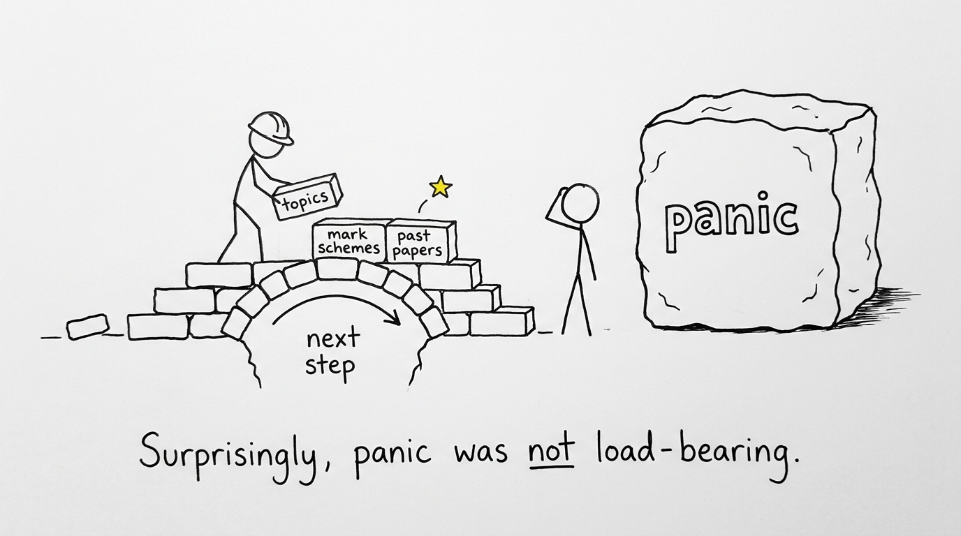 A student building a revision bridge while leaving panic unused