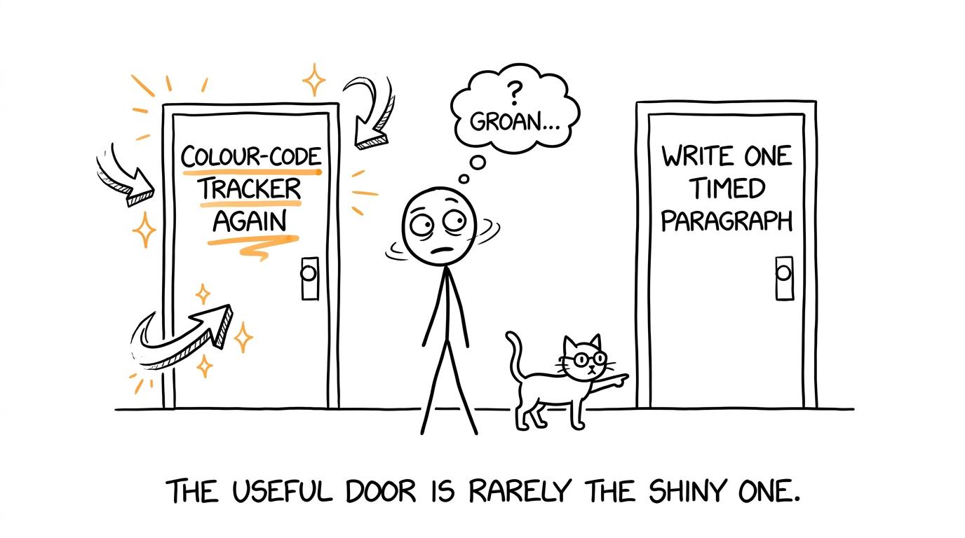 A student faces the shiny tracker door and the useful practice door