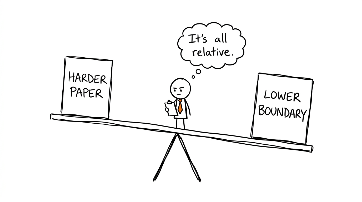 An examiner balances a harder paper against a lower grade boundary
