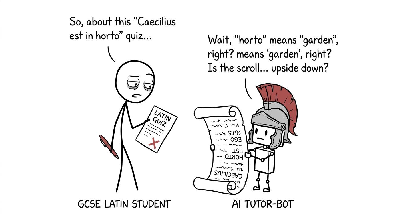 A student cautiously checks a Latin-quizzing robot wearing a Roman helmet