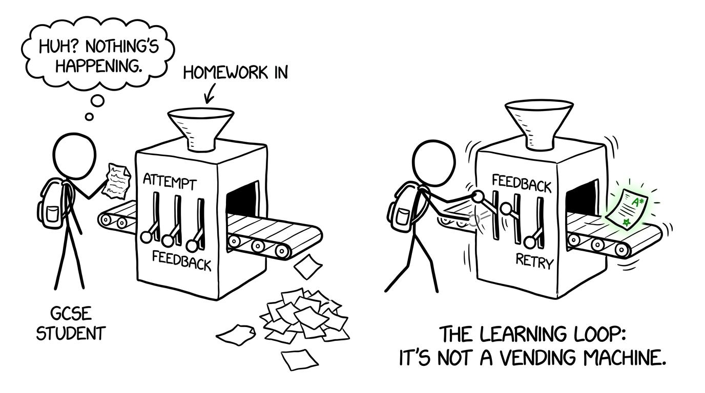 A homework machine only produces progress after attempt, feedback and retry
