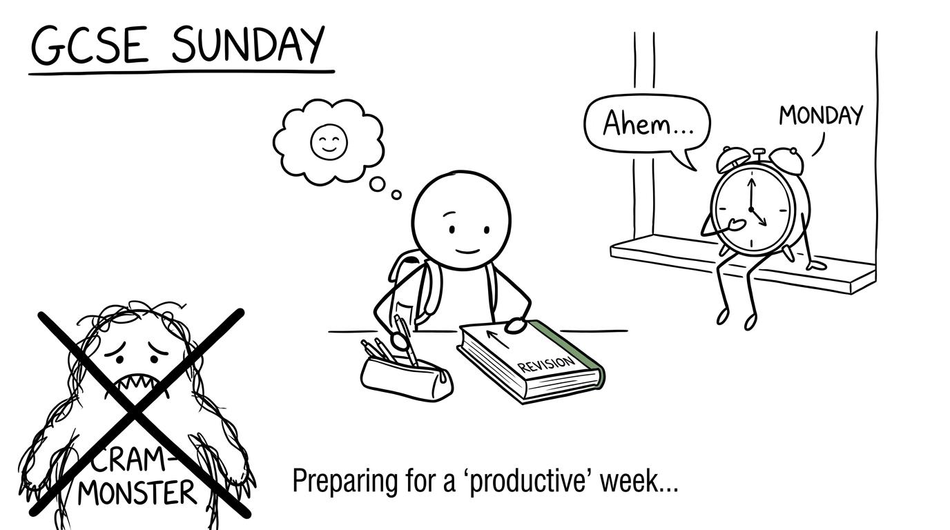 A calm student finishes revision while the cramming monster retreats