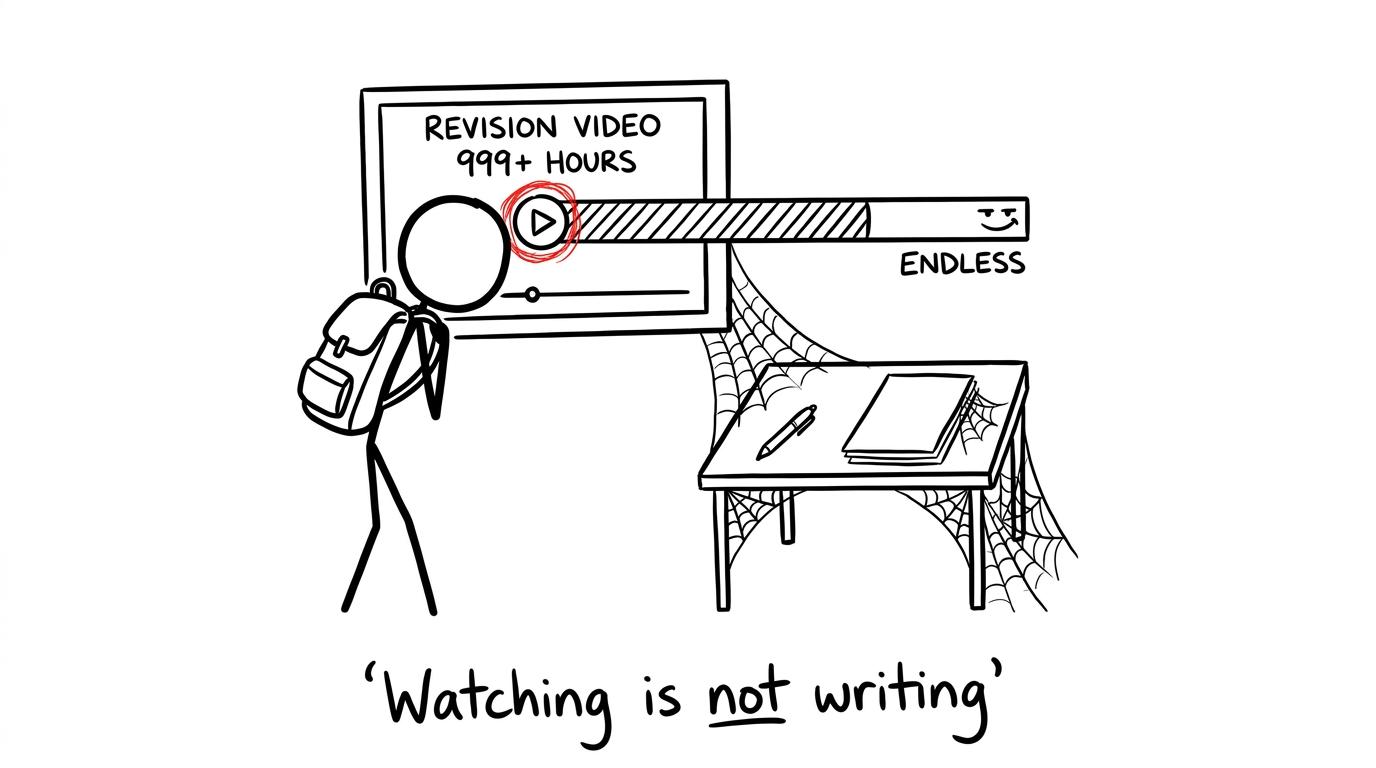 A student watches an endless revision video while their untouched writing paper gathers cobwebs