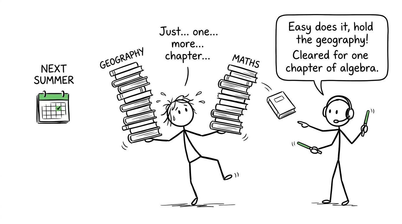 A student balancing Geography and maths revision while a planner calmly directs the workload