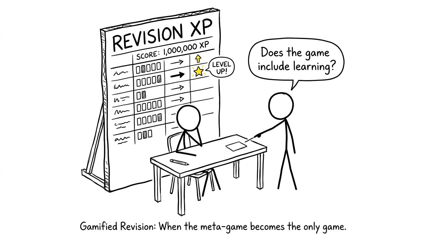 A student discovers that an enormous revision scoreboard has not completed the waiting flashcard