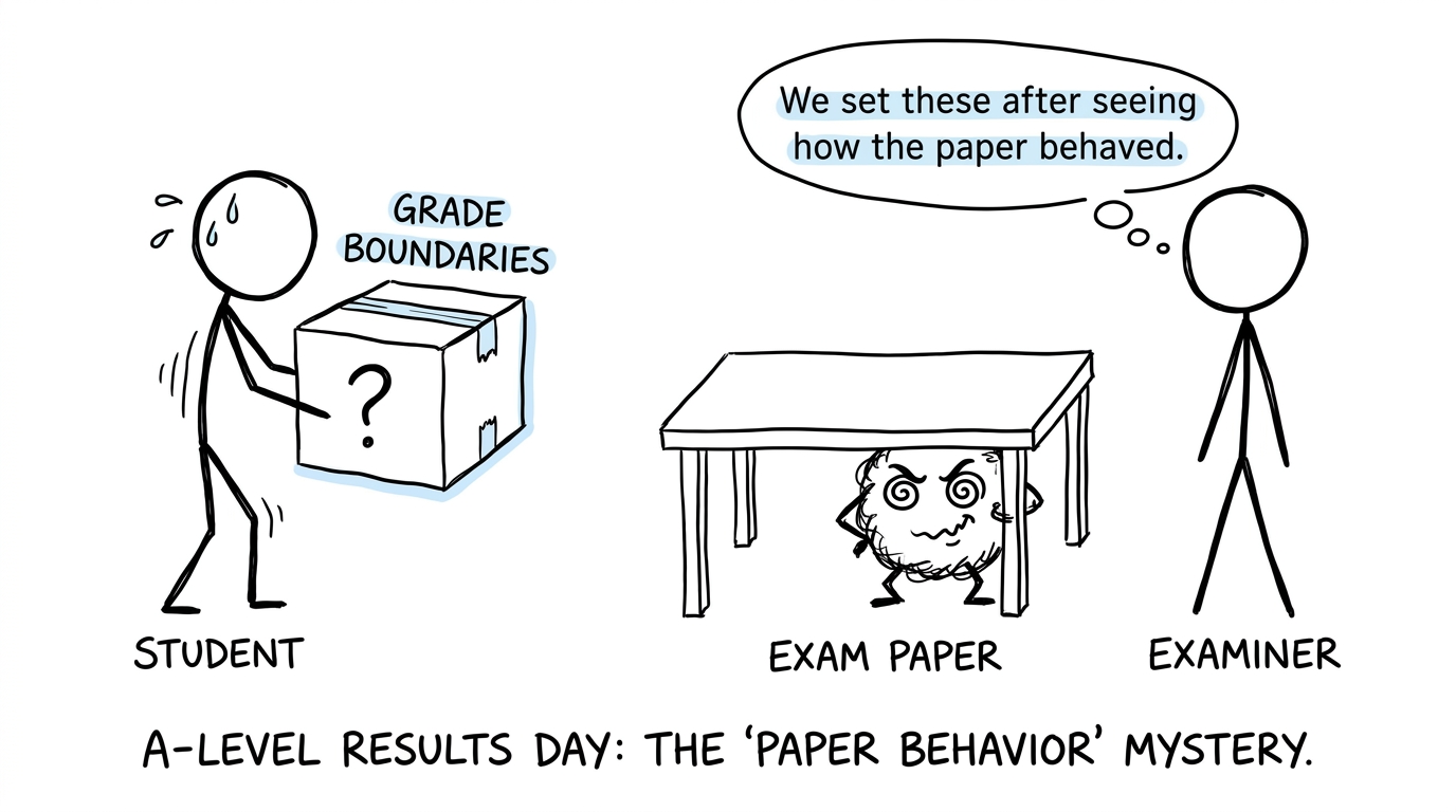 A nervous student waits while an exam paper hides behind a grade-boundary box