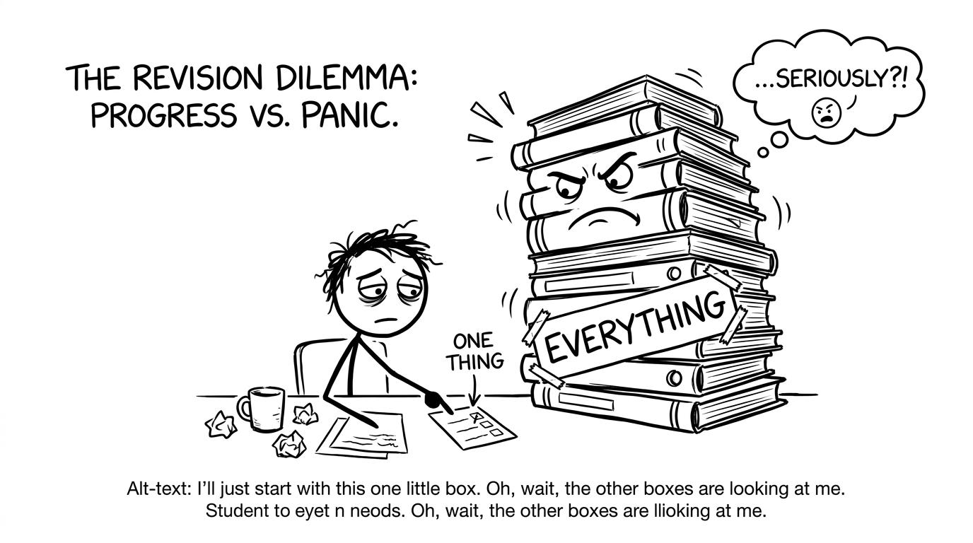 A student choosing one manageable revision task instead of an enormous pile labelled everything
