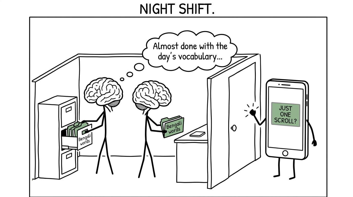 Tiny brain workers file Bengali vocabulary while a phone asks for one more scroll