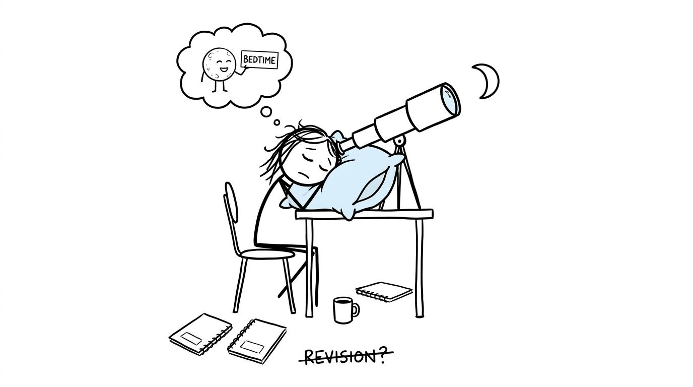 A tired student discovers that a telescope makes a convincing pillow