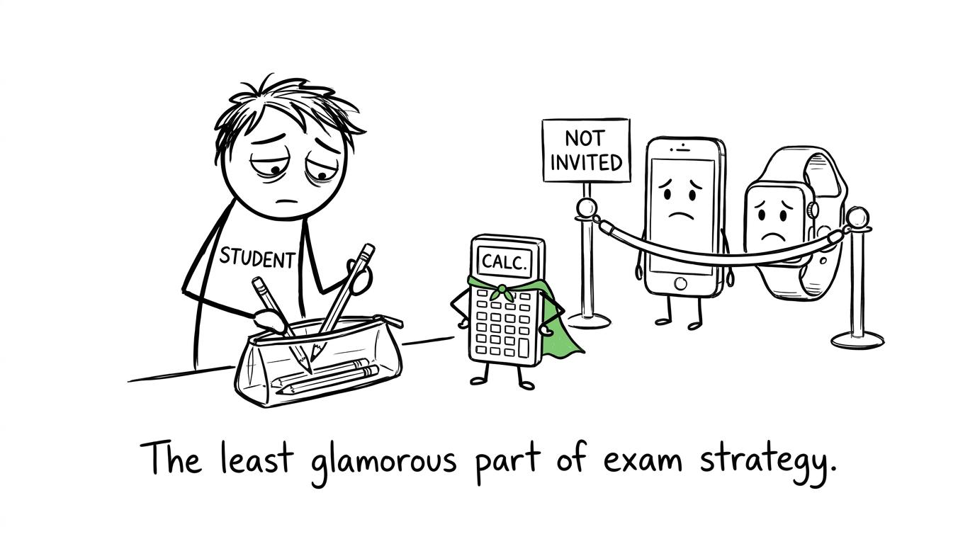 A calculator joins the exam team while a phone and smartwatch remain behind the rope