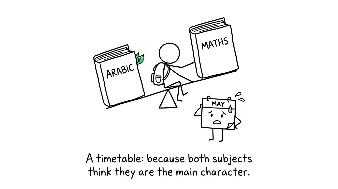 Arabic and maths both attempt to become the main character in a student's revision timetable