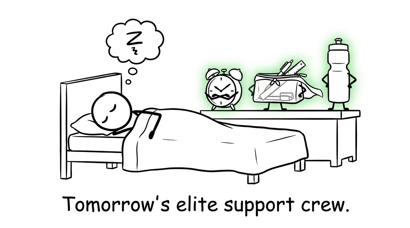 An alarm clock and exam kit form a student's heroic support team