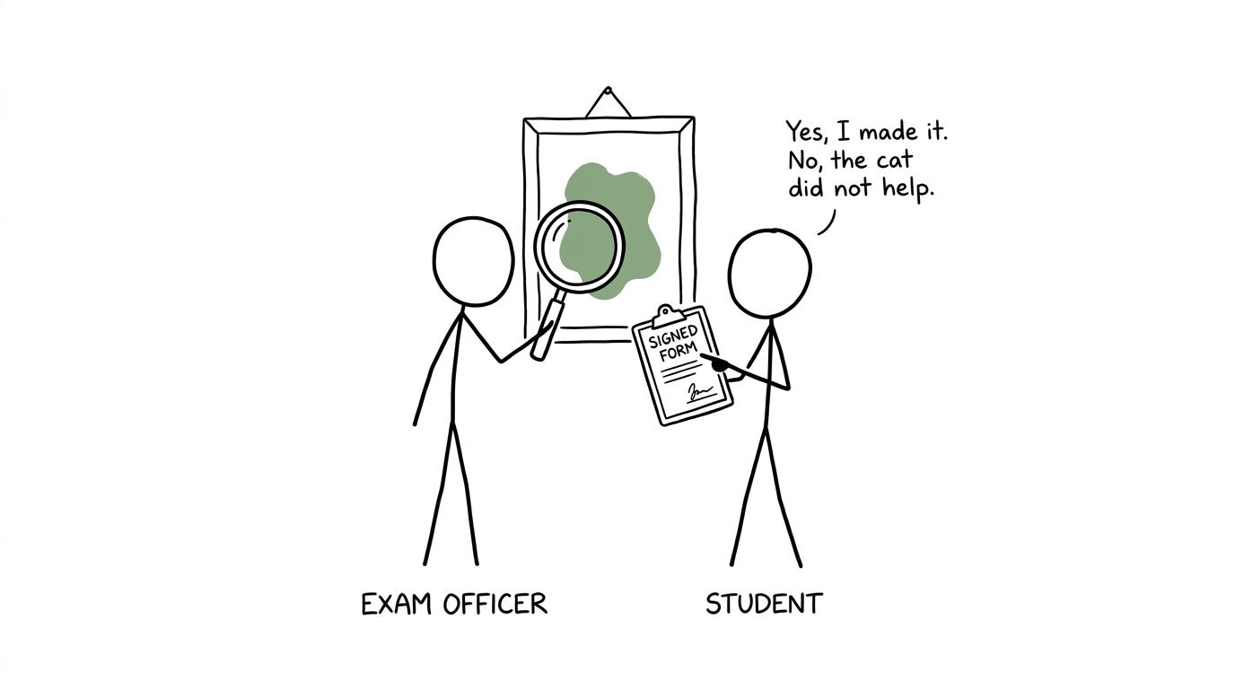 An exam officer humorously authenticating a student's artwork