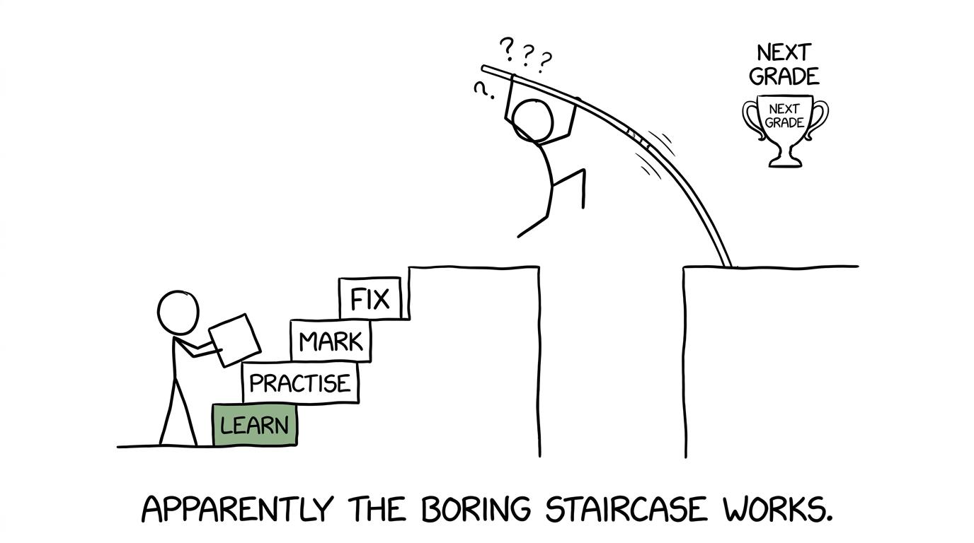 A student chooses the reliable revision staircase instead of trying to leap directly to the next grade