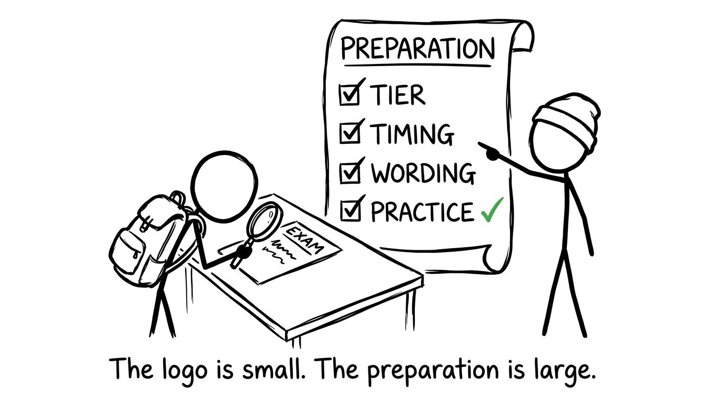 A student studying an exam-board logo while a friend points towards a preparation checklist
