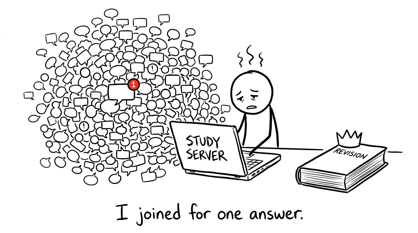 A student overwhelmed by study-server notifications while a revision book waits calmly