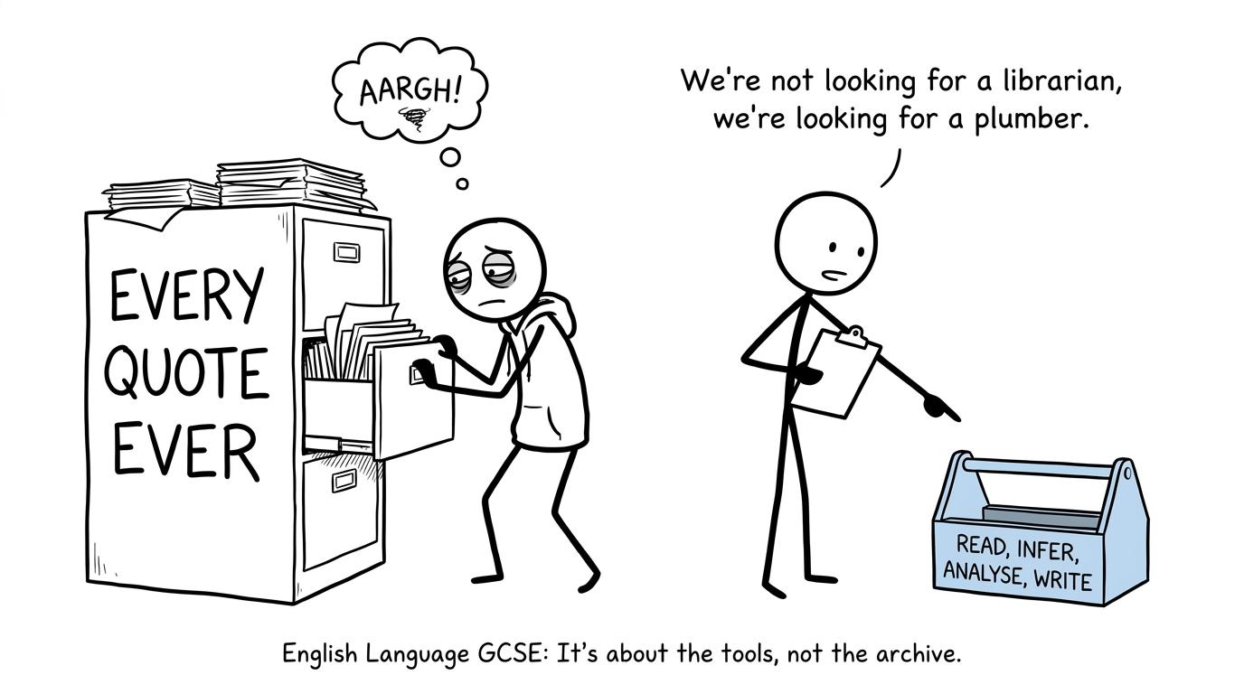 A student discovers that English Language uses a skills toolbox rather than a giant cabinet of memorised quotations