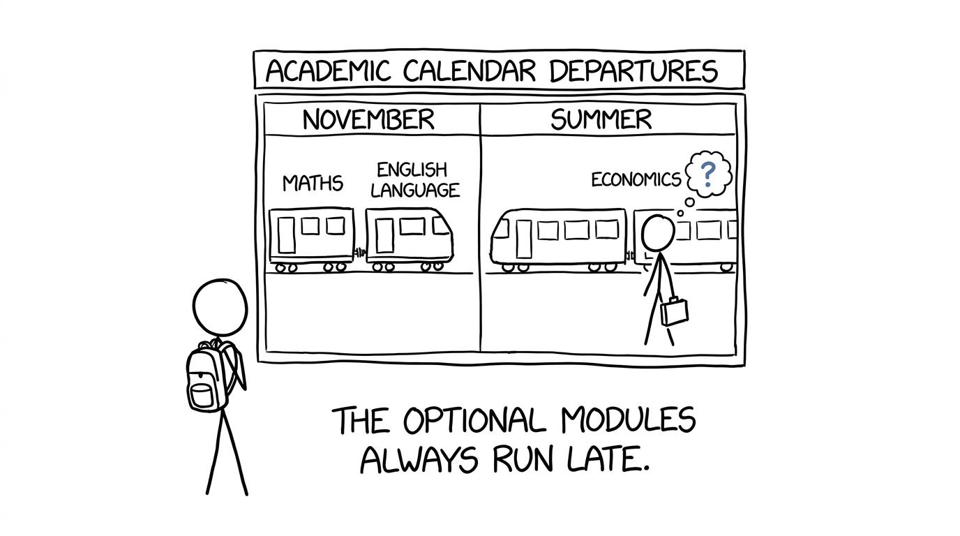 A student discovers that the November exam train only carries maths and English Language