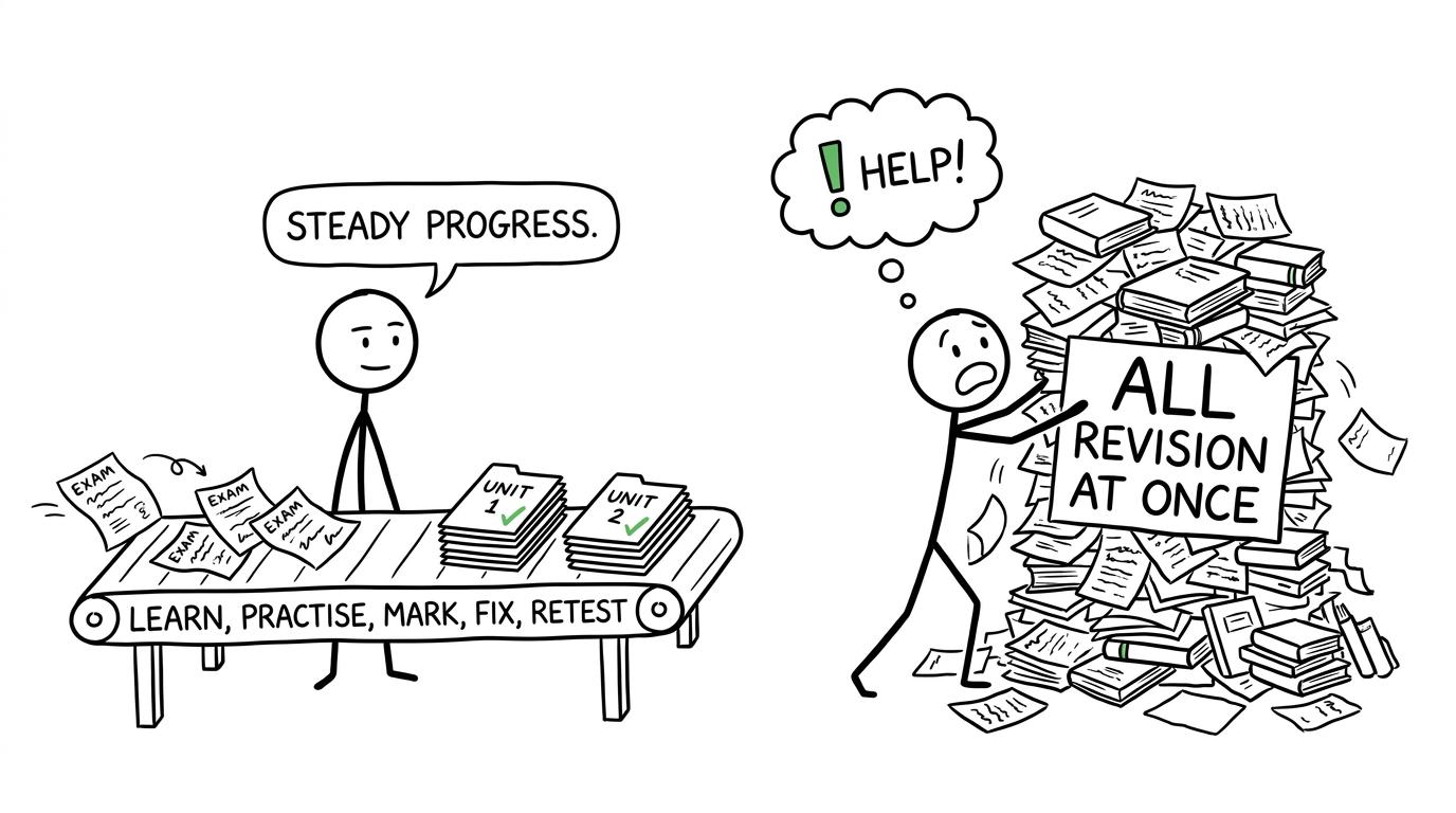 A calm revision conveyor belt competing with a giant pile of everything