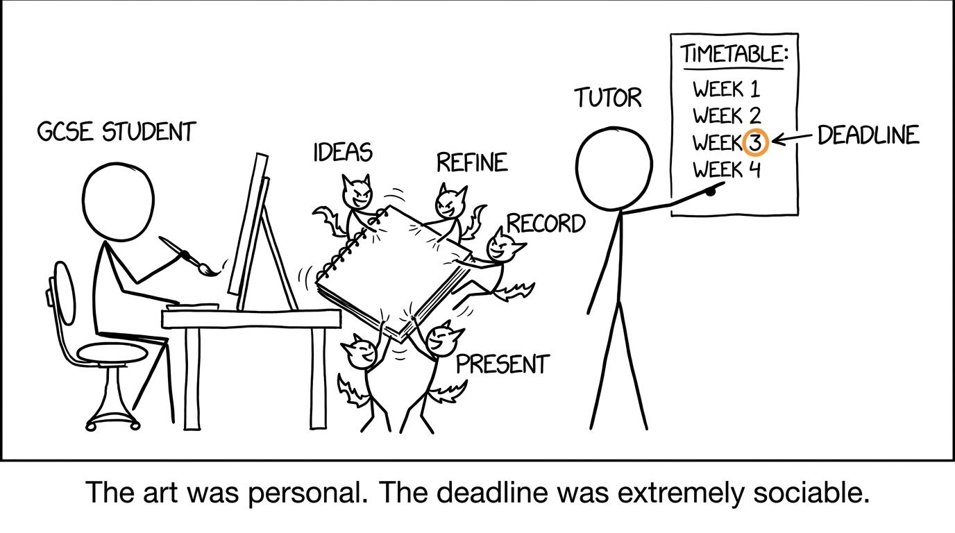 A GCSE art student manages four assessment demands while a tutor points to a timetable