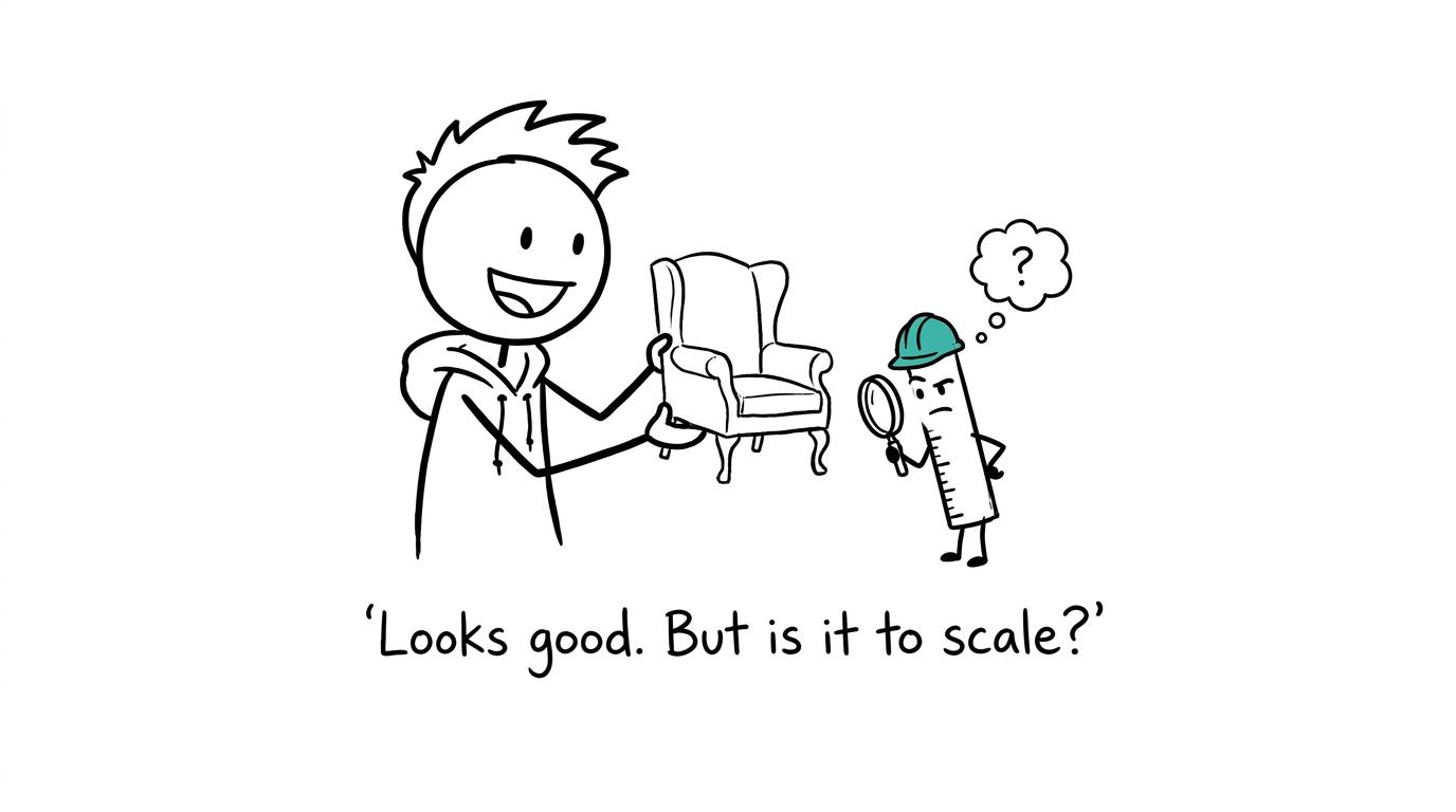 A ruler character inspecting a student's designed chair and asking whether it is to scale