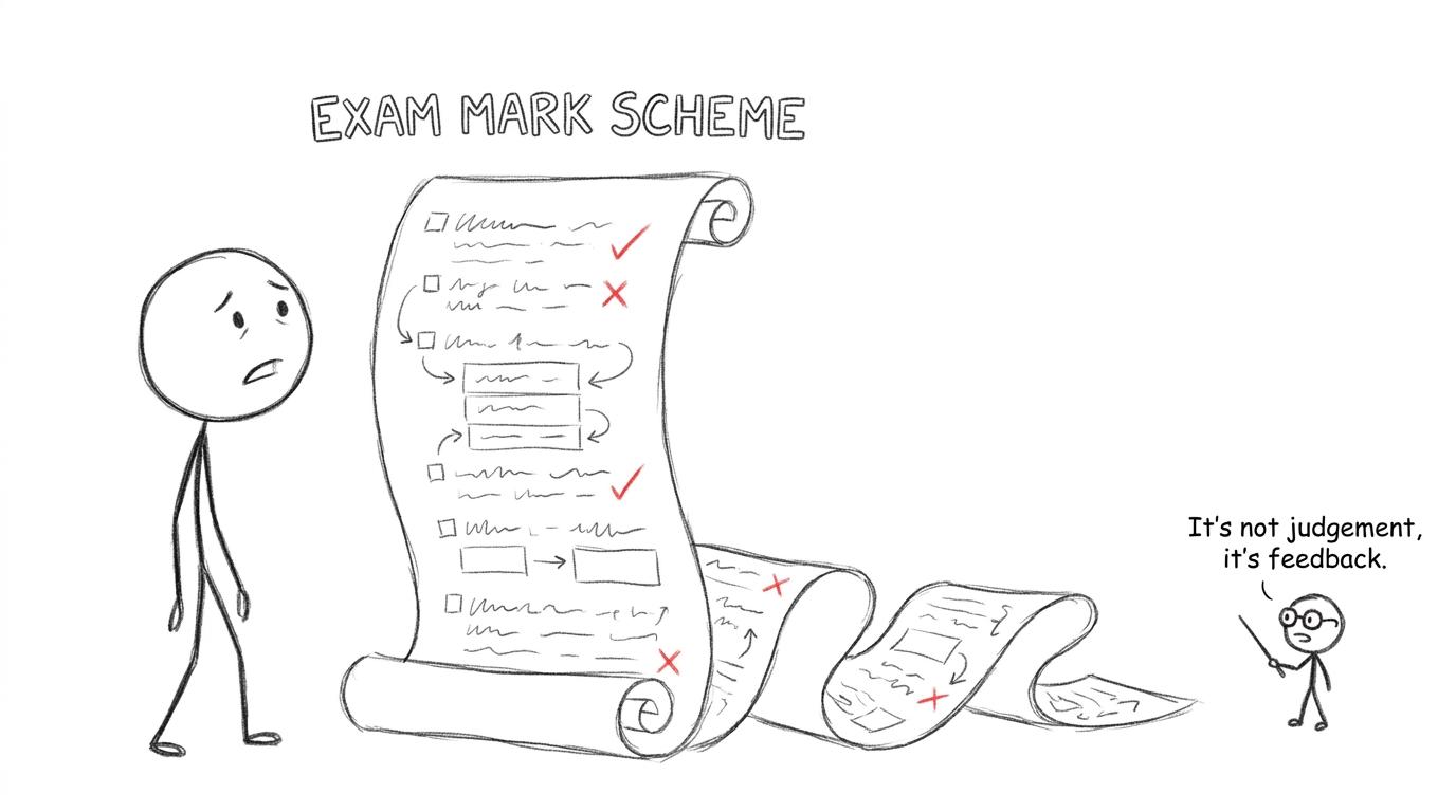 A student faces the mark scheme scroll