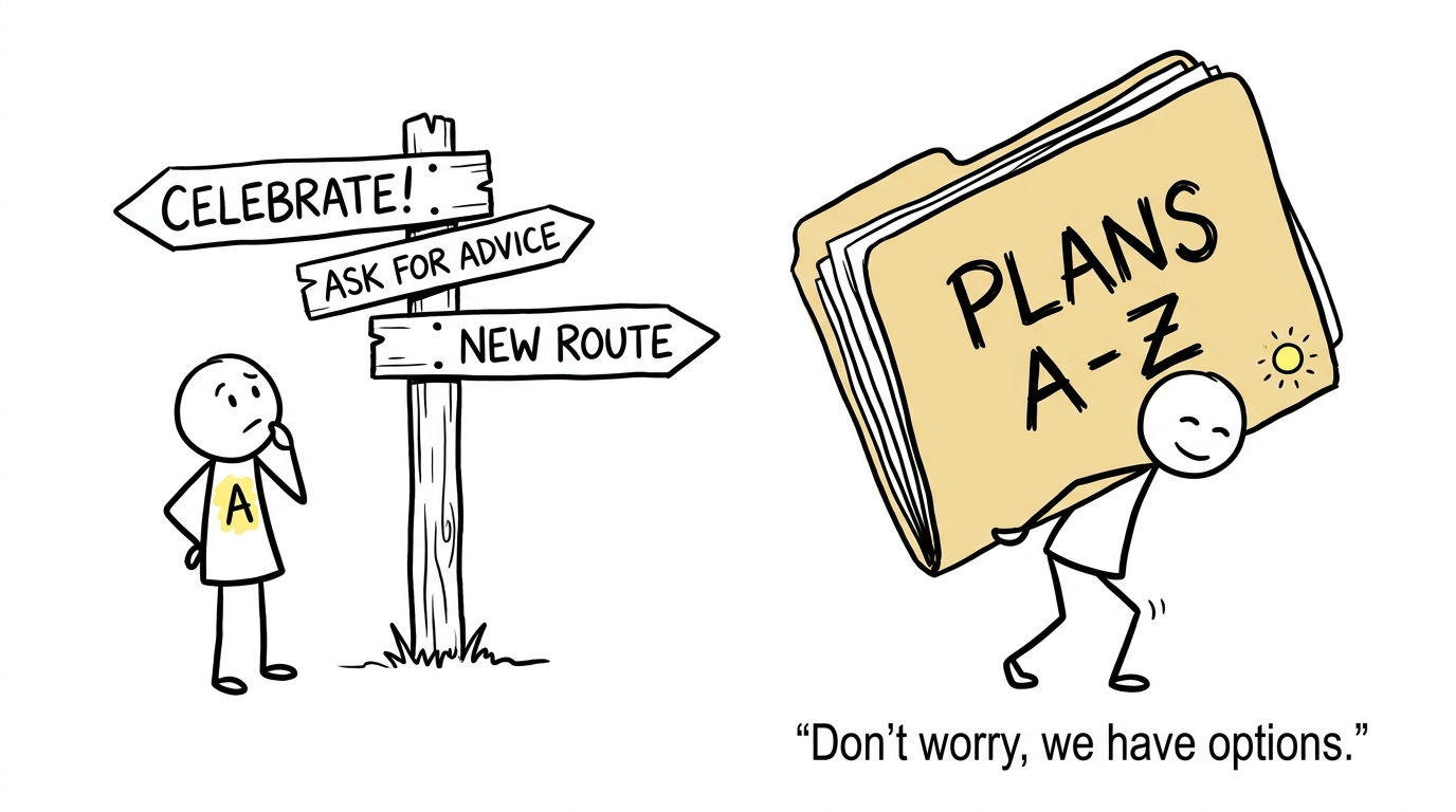 A student choosing between several calm routes while a parent carries Plans A to Z