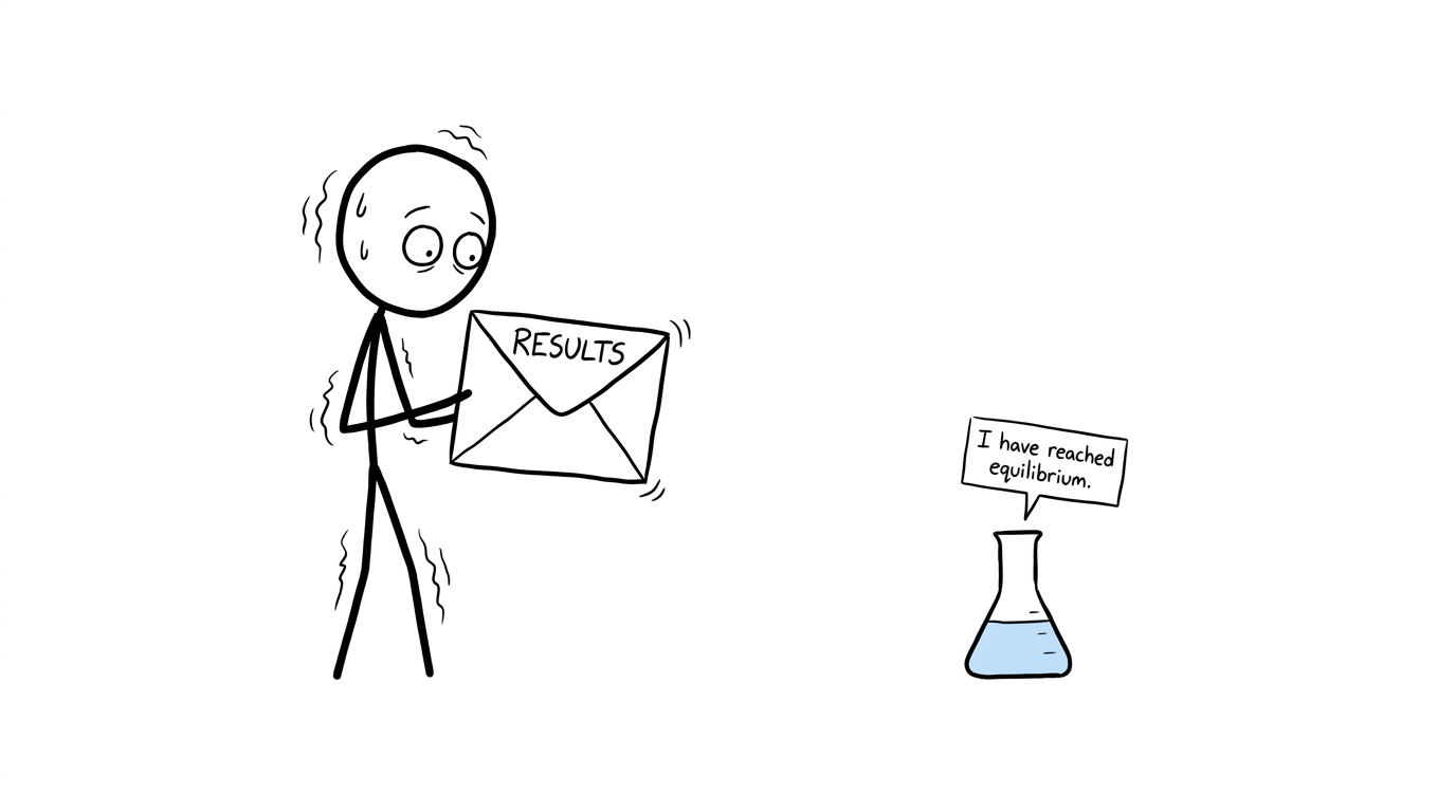 A nervous GCSE student finds that the chemistry beaker is calmer about results day