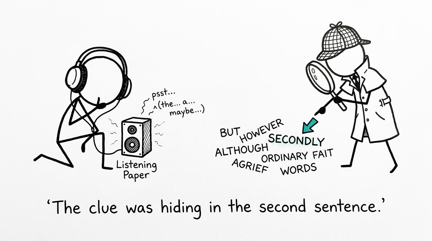 A student detective searches for the clue in a listening paper