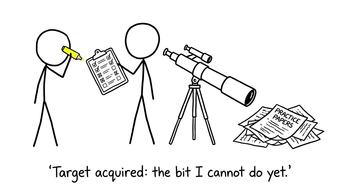 A student uses a highlighter like a telescope to find a genuine revision target