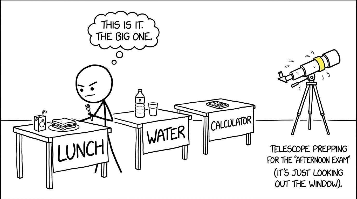 A student prepares lunch, water and a calculator while a telescope trains like an athlete