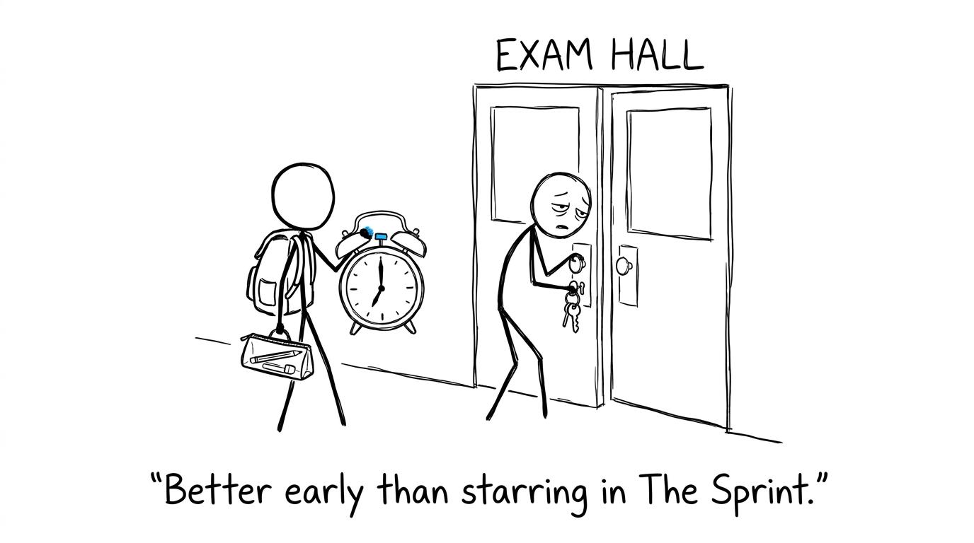 A student arrives very early for an exam with an enormous alarm clock